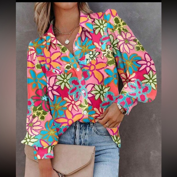 NWT Colorful Flower Print Button Up Blouse - Picture 1 of 2